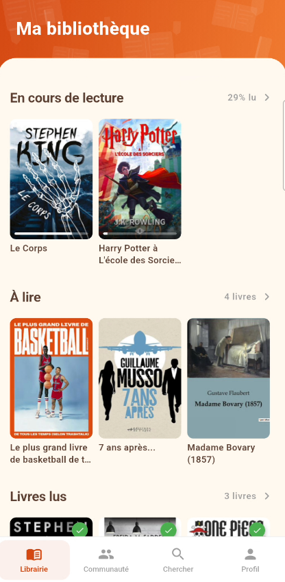 Interface de l'application Livrook